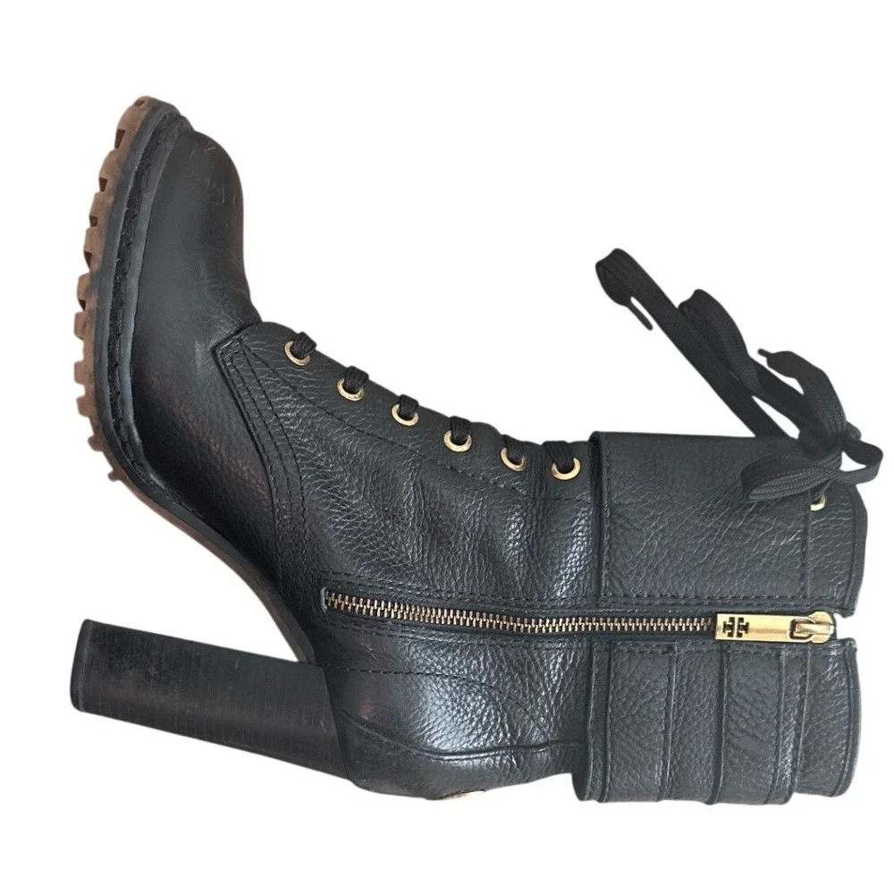 Tory Burch Combat Boots Black Leather Double Buckle Heeled Moto Size 9